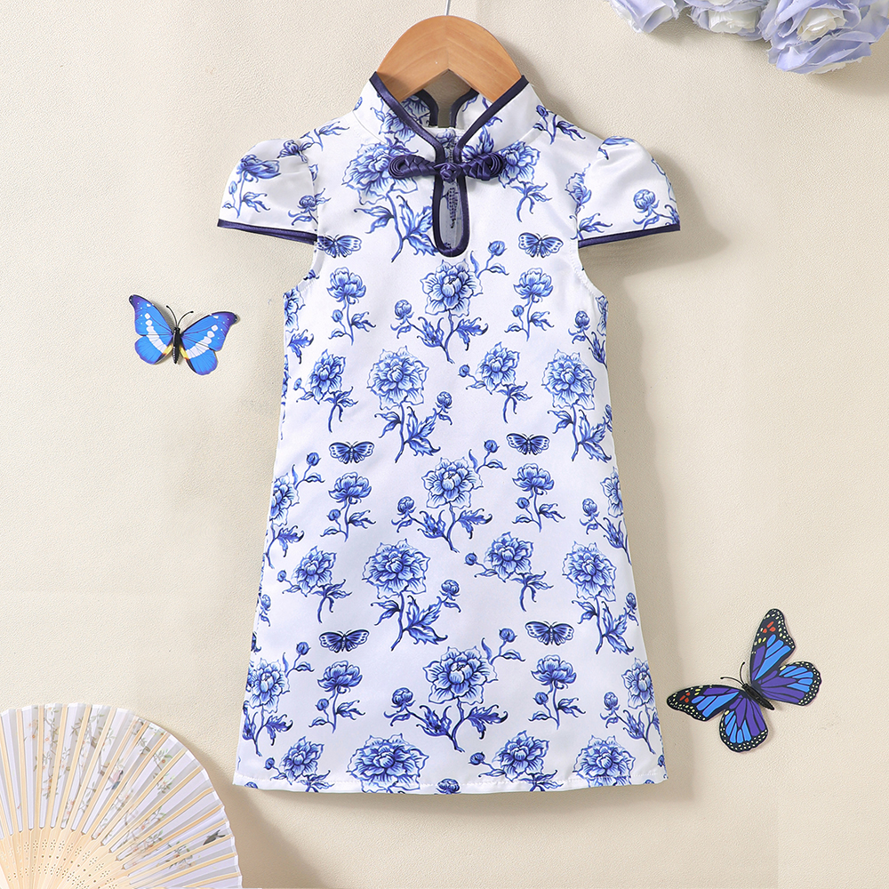 Vestido cheongsam estampado de porcelana azul y blanca de estilo chino de verano para niñas