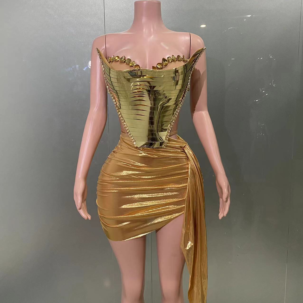 Robe 2 Pièces en Clip Argenté pour Femme, Tenue de Scène Sexy, Style Noël, Chanteur de Bar