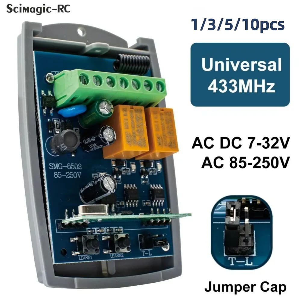 433.92MHz Receptor de control remoto de puerta de garaje universal AC DC 7-32V 85-250V Módulo de interruptor 2CH 433 Palanca momentánea de código rodante enclavada