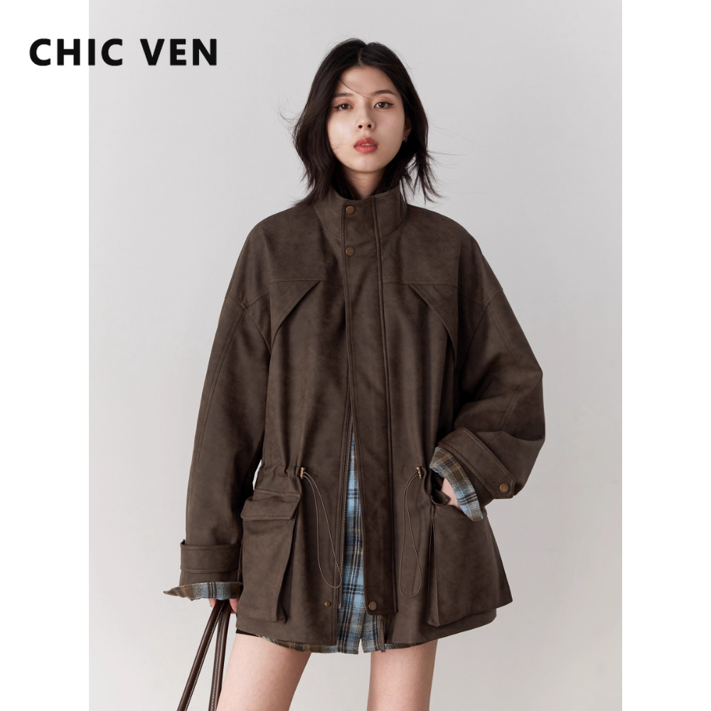 CHIC VEN Nieuwe Vrouwen Suède Jassen Losse Retro Opstaande Kraag Mid-lengte Dames Casual Jas Vrouwelijke Overjas Herfst winter 2025
