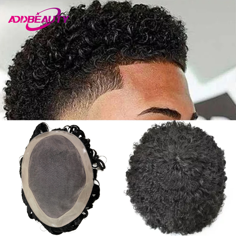 Homens peruca de cabelo humano fino mono npu indiano perucas de cabelo humano para homem afro sistema de cabelo humano 15mm cabelo encaracolado topper cor natural
