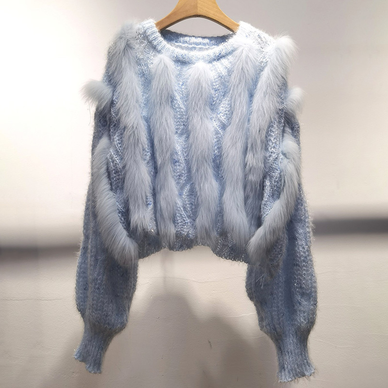 Real pele de raposa listra de malha curto pulôver camisola manga longa o pescoço feminino puxar jumpers feminino pele guarnição suéteres