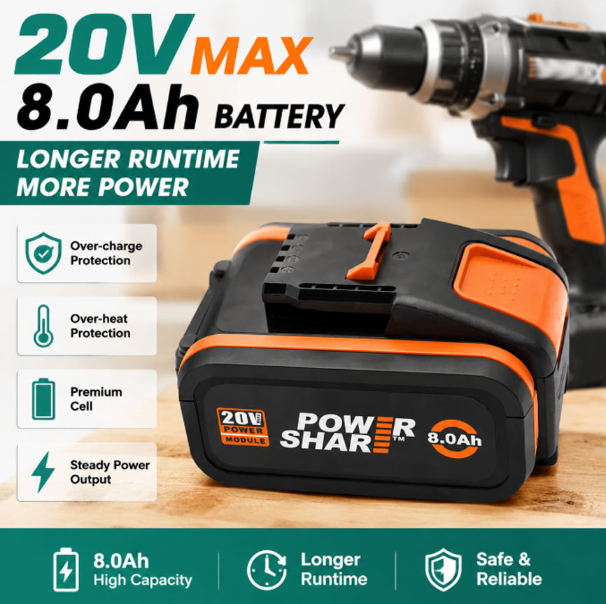 Bateria de Íon de Lítio Durável de Longa Duração para Ferramentas WORX 20V, 8.0Ah de Grande Capacidade, Intercambiável com WA3551 e WA3553, Compatível com Ferramentas da Série WX