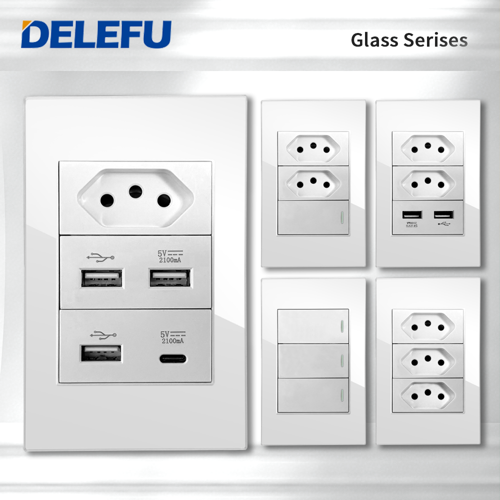 DELEFU 4*2 Белая розетка из закаленного стекла, бразильский стандарт, с двойным USB Type-C, настенная, с выключателем, Tuya Wifi, 10А 20А