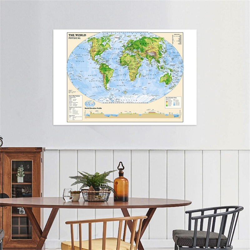 Geography Education Tools Frameless The World Physical Map Poster Wall Decorative Painting Home Decoration School Supplies