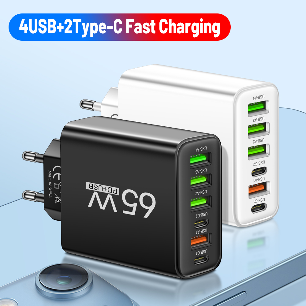 Total 65w usb c carregador 6 portas carregamento rápido carregador de parede para iphone 15 14 pro max samsung galaxy s23 xiaomi 14 telefone móvel ch