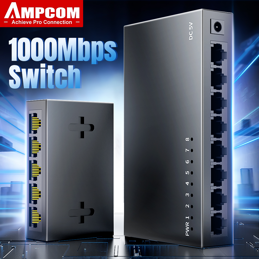 AMPCOM 1000Mbps กิกะบิตเราเตอร์อินเตอร์เน็ต5 8พอร์ตอีเธอร์เน็ตสวิตช์อัจฉริยะประสิทธิภาพสูงตัวแยกสัญญาณอินเทอร์เน็ตฮับ RJ45