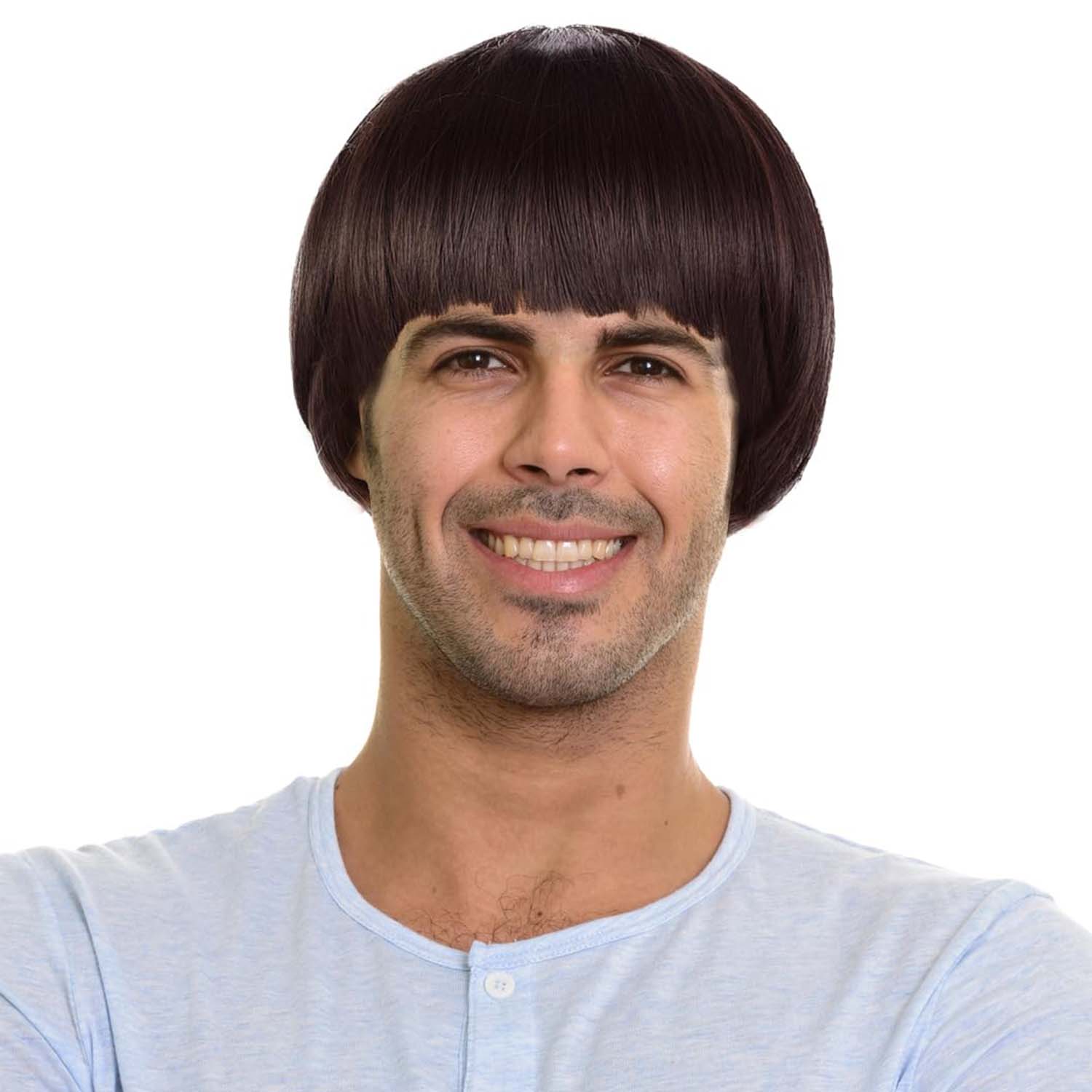 Syntetyczna Krótka Brązowa Peruka Cosplay Grzyb dla Mężczyzn, Fryzura Bowl Cut, Peruka Anime Retro, Odpowiednia do Filmów, na Imprezę, Wielokolorowa Peruka