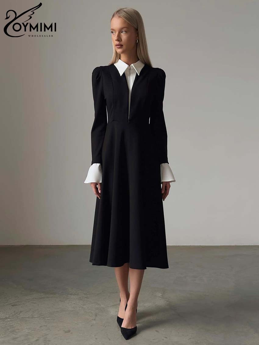 Oymimi elegante blaue Baumwolle Damen kleider Mode Revers Kurzarm Knopf Kleider Herbst neue hoch taillierte Plissee Mini kleid