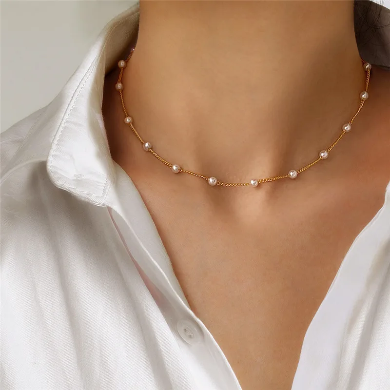 LATS Perlen Damen Halskette Kpop Perle Choker Halskette Gold Farbe Goth Chocker Schmuck Anhänger Halsketten 2022 Kragen für Mädchen