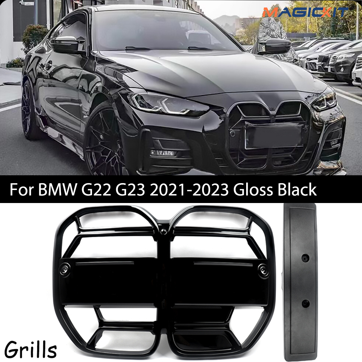 Magickit ตะแกรงกันชนหน้าตะแกรงตาข่ายสไตล์ CSL สำหรับ BMW 4 G22 G23 2021-2023กระจังหน้าอุปกรณ์เสริมรถยนต์สีดำเงา