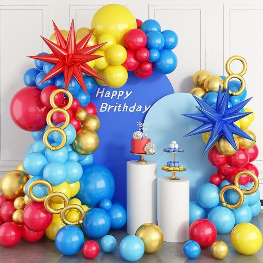 Set di 112 Palloncini a Tema Circo e Carnevale, Arco di Palloncini Rossi, Blu e Gialli in Lattice per Decorazioni di Compleanni e Matrimoni
