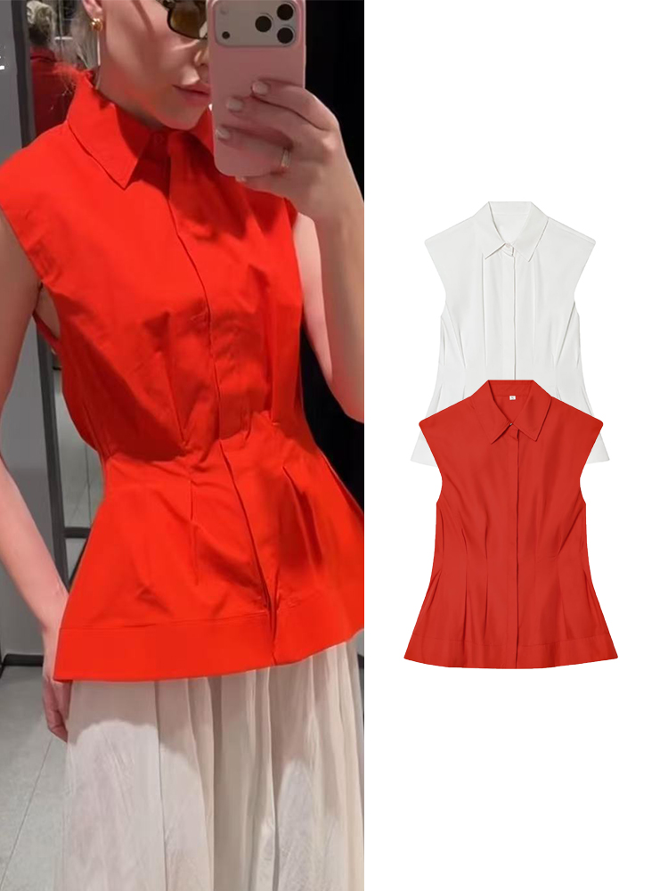 TFMLN Dames Geplooide Blouse Lente Zomer Vintage Reverskraag Mouwloze Blouses Eenvoudige Uitlopende Zoom Dames Tops 2026 Nieuw