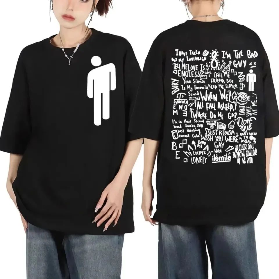 Magliette Hip Hop con icone Billie Eilish Collage lirico Grafica di ispirazione creativa caratteristica pop art per i fan Billie Eilish unisex