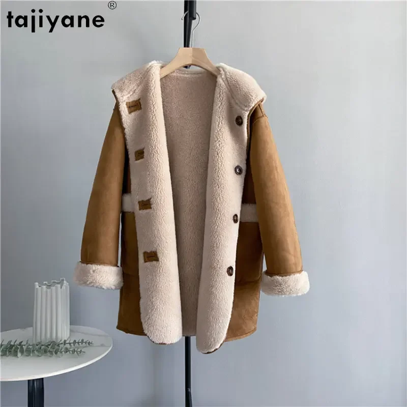Tajiyane, abrigo informal de lana 100% con capucha, abrigos de piel para mujer, chaqueta de invierno para esquilar ovejas, chaquetas de doble cara para mujer, Jaquetas