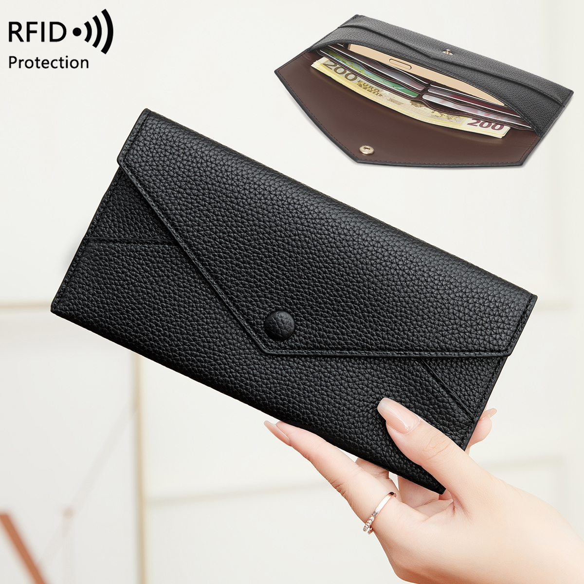 Женская противоугонная сумка RFID, принт личи, мягкая кожа, длинный кошелек-конверт, ультратонкая, портативная, простая ручная сумка
