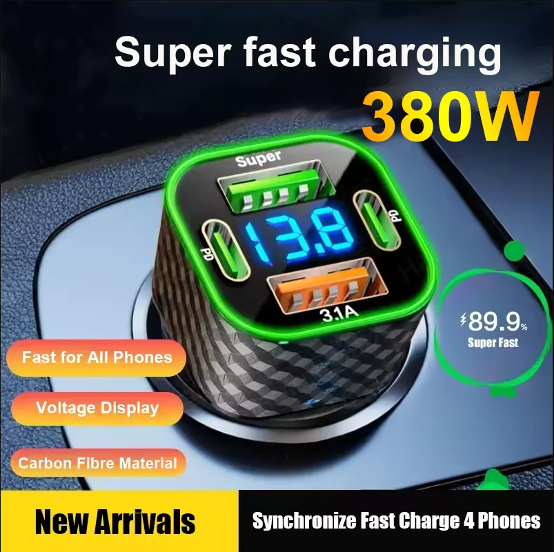 Ładowarka samochodowa USB C 380W Dual PD 4 w 1 z wyświetlaczem napięcia, super szybka ładowarka do iPhone, Oppo, Vivo, Samsung