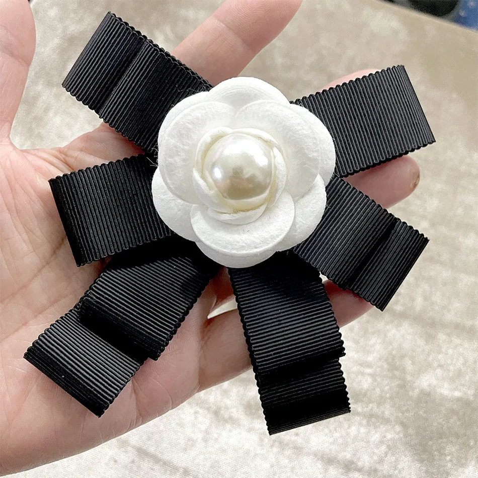 Women's Pearl Camellia Bow Tie Brooch,Girl Womens Fashion Elegant French Floral Corsage Collar Flower Shirt Pins Gifts for Women