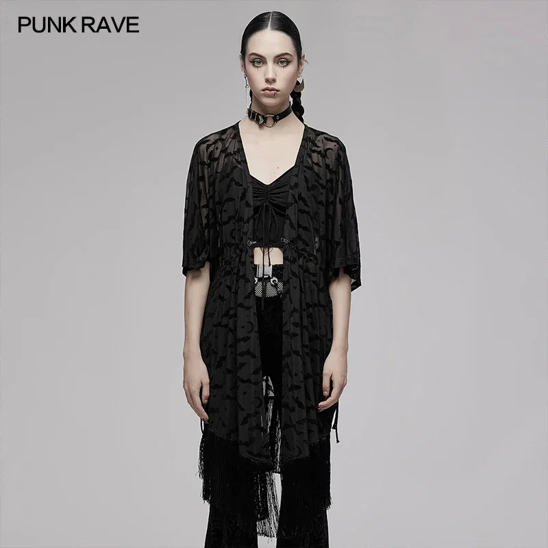 PUNK RAVE wanita gaya Cina rumbai kelelawar bulan berkelompok mantel dekorasi Gotik kasual topi penyihir kardigan Halloween