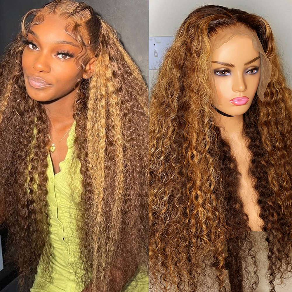 Peruca Encaracolada Loira De Mel, Peruca Frontal De Renda HD, Cabelo Humano, Destaque Onda Profunda, 250%, 30 ", 13x6, 4x4