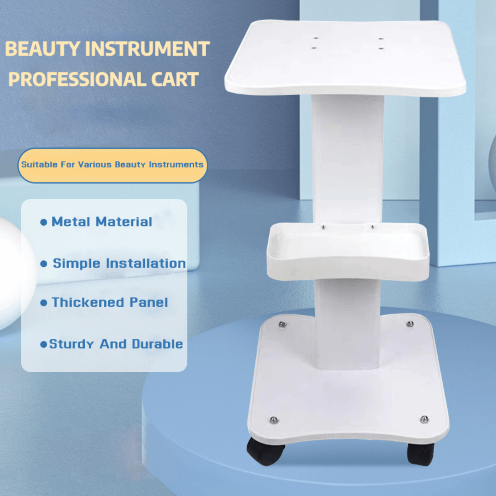 Carro de salón, equipo de belleza, carro rodante de escritorio blanco, carro médico con asa para barbería, coche de peluquería