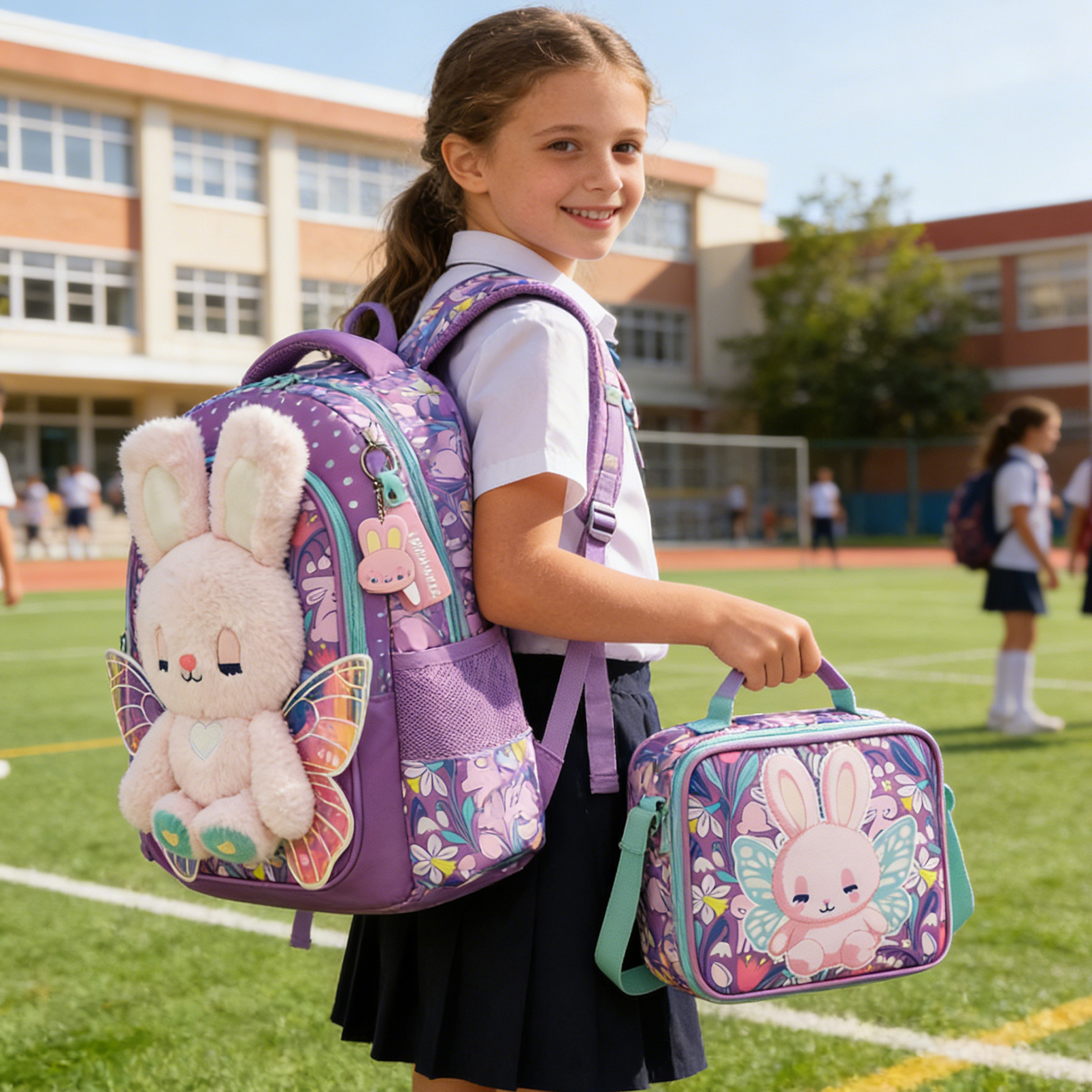 Mädchen Süßes 3D Plüsch-Häschen mit Flügeln 3-teiliges Rucksack-Set - Blumenmuster Schulranzen + Isolierte Lunchbox + Federmäppchen