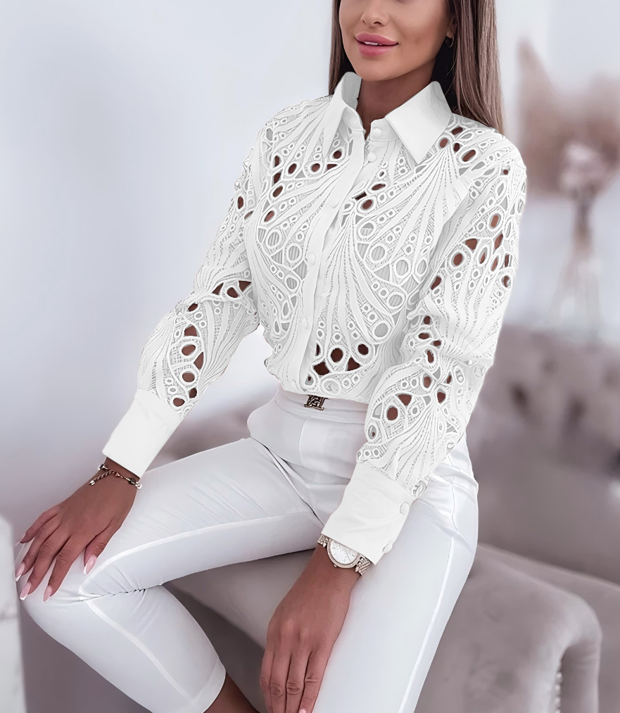 ผู้หญิงเสื้อ Hollowed Out เสื้อแขนยาวลําลองปุ่ม Lapel และเปิดด้านหน้า Camisas Femininas