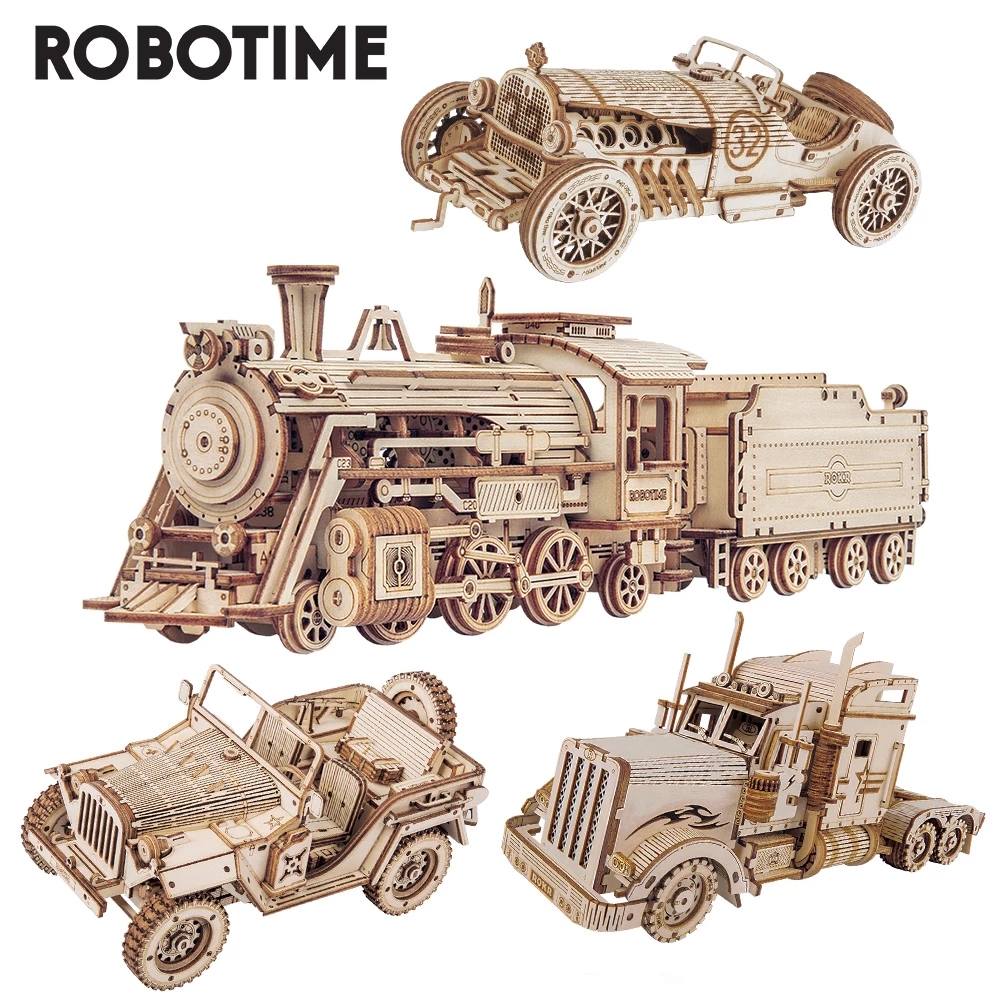 Robotime Rokr 3D ปริศนาเคลื่อนย้ายรถไฟไอน้ํา,รถ,รถจี๊ปประกอบของขวัญของเล่นสําหรับเด็กผู้ใหญ่ไม้ Building Block ชุด