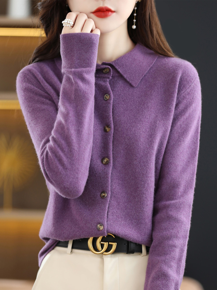 Moda 100% lana merino donna maglione cardigan a maniche lunghe di alta qualità colletto polo primavera autunno inverno abbigliamento maglieria top