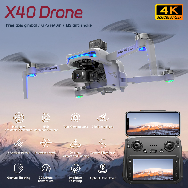 Nouveau Drone X40 Max 4K caméra HD professionnelle antenne à cardan 3 axes grand écran 4,5 pouces évitement d'obstacles GPS sécurité Drone FPV