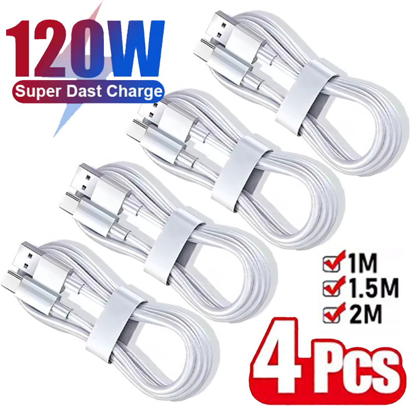 Câble USB vers Type C 6A 120W, 4 pièces, charge ultra rapide, transfert de données haute vitesse pour Android, pour Xiaomi Redmi, câble 1M 2M