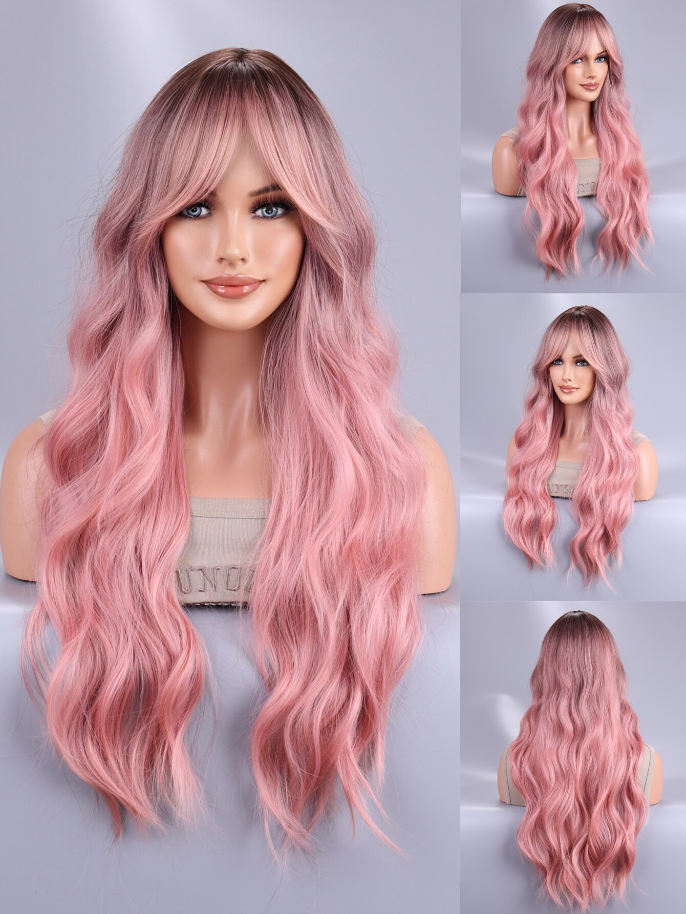 Pelucas de Cosplay de cuerpo largo ondulado para mujer, color negro y rosa, pelucas sintéticas resistentes al calor, parte media, pelucas naturales de Lolita