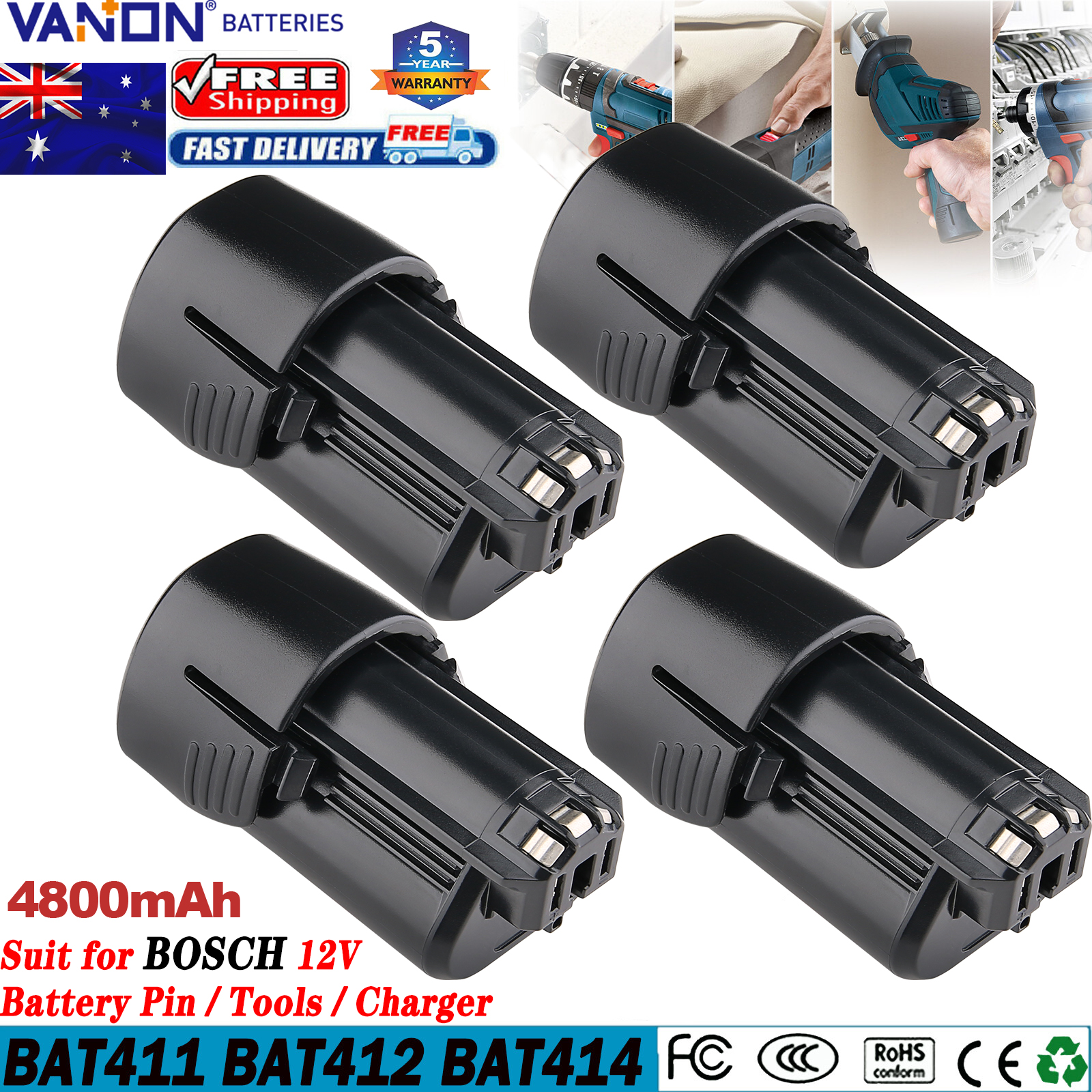 1/2/4Pcs 4.8Ah BAT411 Replace for Bosch 12V Li-ion Battery Pin Compatible with GBA12V30 BAT420 BAT411 BAT412 BAT413 Power Tools