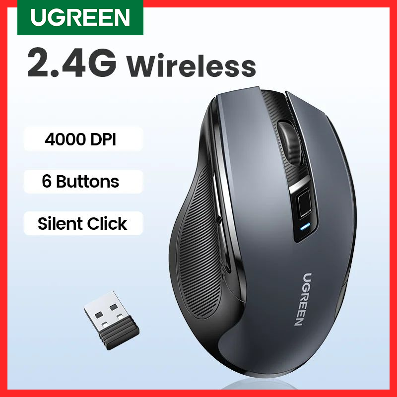 UGREEN Mouse nirkabel ergonomis, 2.4GHz 4000 DPI senyap 6 tombol untuk MacBook Tablet Laptop PC, tetikus bisu, Mouse 2.4G