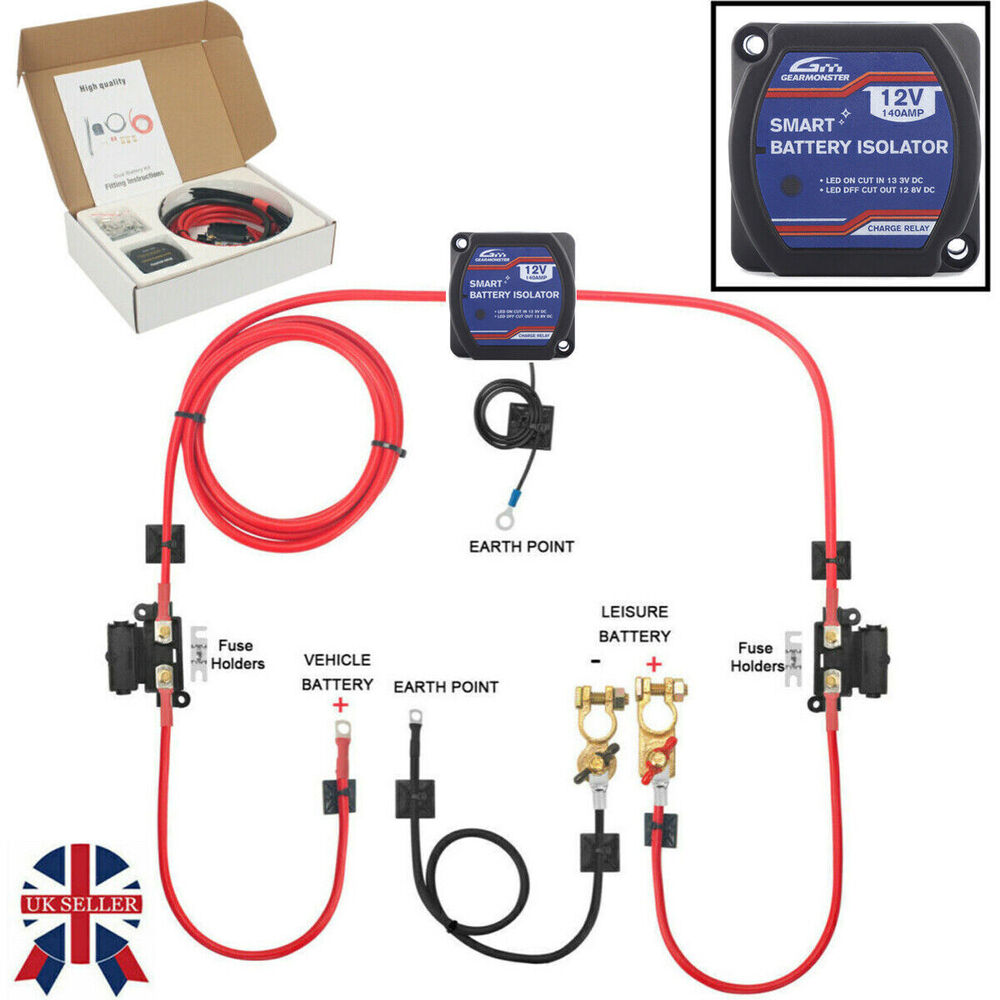 KIT di ricarica divisa 5MTR RV 12V 140A AMP VSR cavi pronti relè di rilevamento della tensione UK
