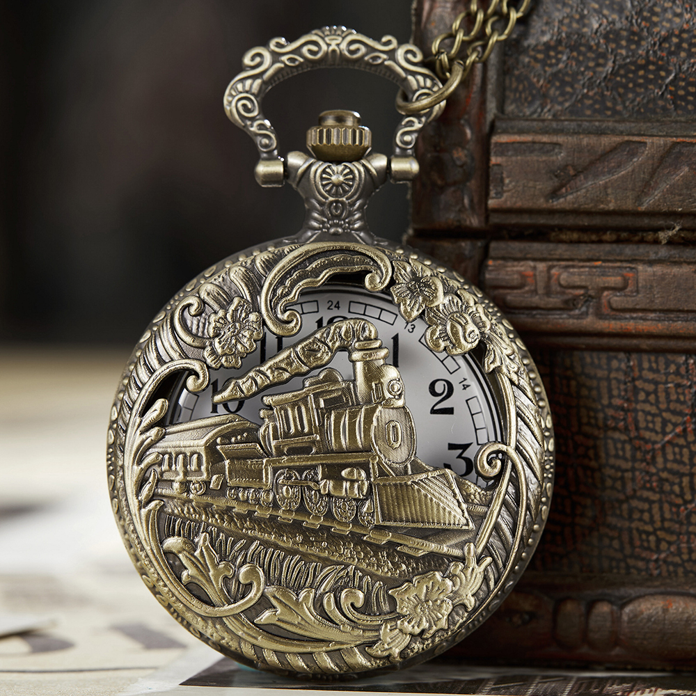 Locomotora de tren de bronce Retro Steampunk, reloj de bolsillo de cuarzo Vintage con cadena FOB, relojes para hombres y mujeres, COLLAR COLGANTE, regalo