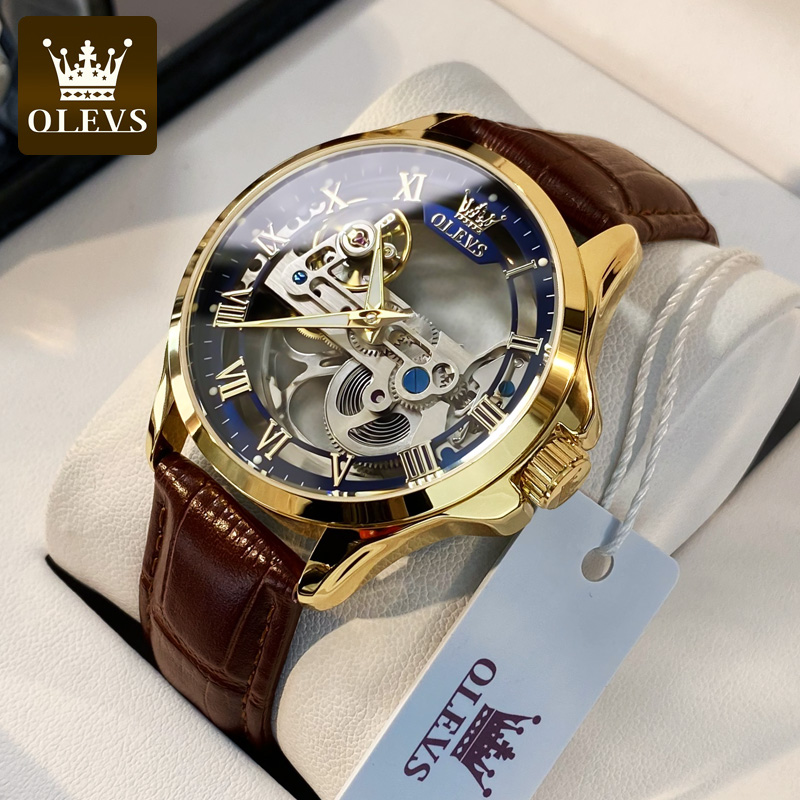 Olevs relógios masculinos relógios mecânicos automáticos à prova dwaterproof água pulseira de couro topo luxo masculino relógio de pulso caixa de presente luminosa