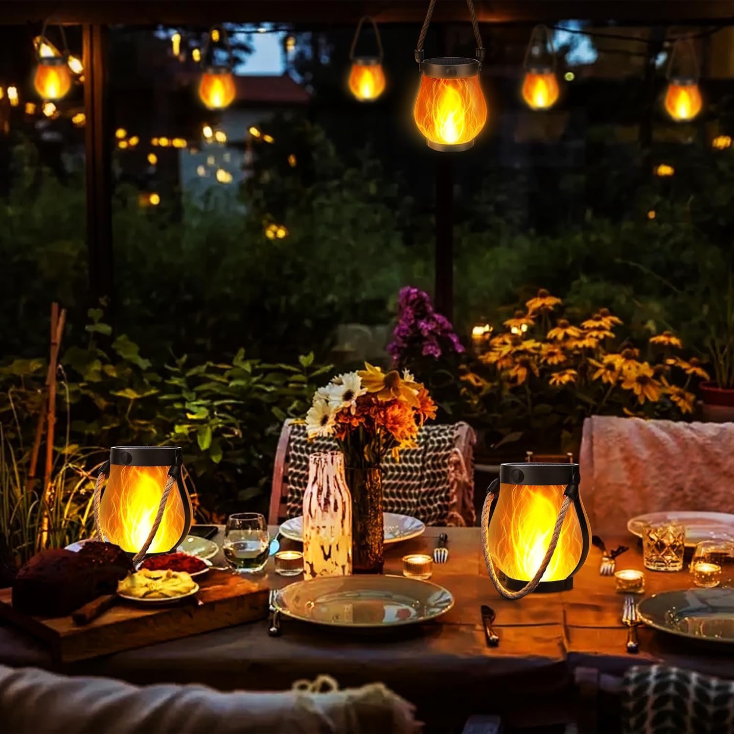 Solar Flame Hanging Lantern Type-C Fast Charging Waterproof 3D Flickering Flame Lamp for Garden Patio Camping Decor