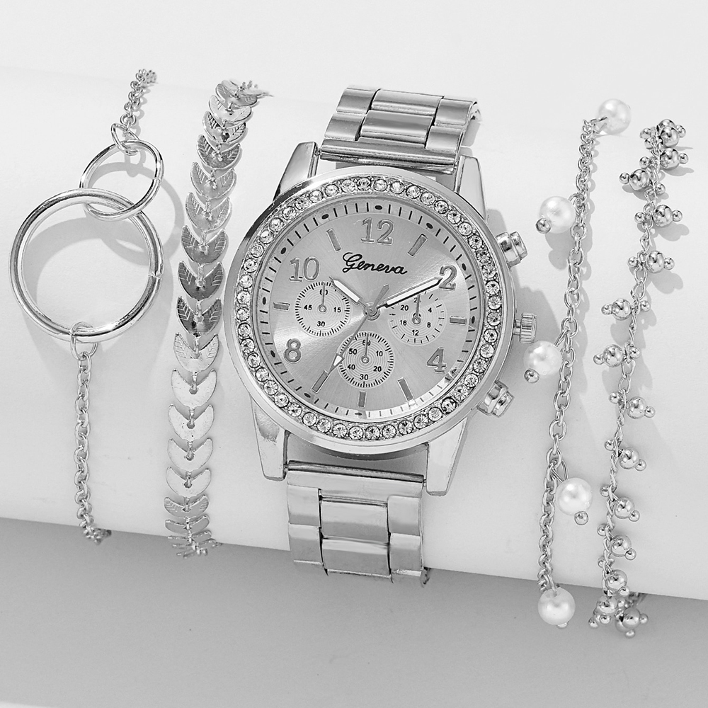 Relógio de quartzo prateado para mulheres, 3 olhos Alloy Strap, Conjunto de jóias strass, presente, moda, 5pcs