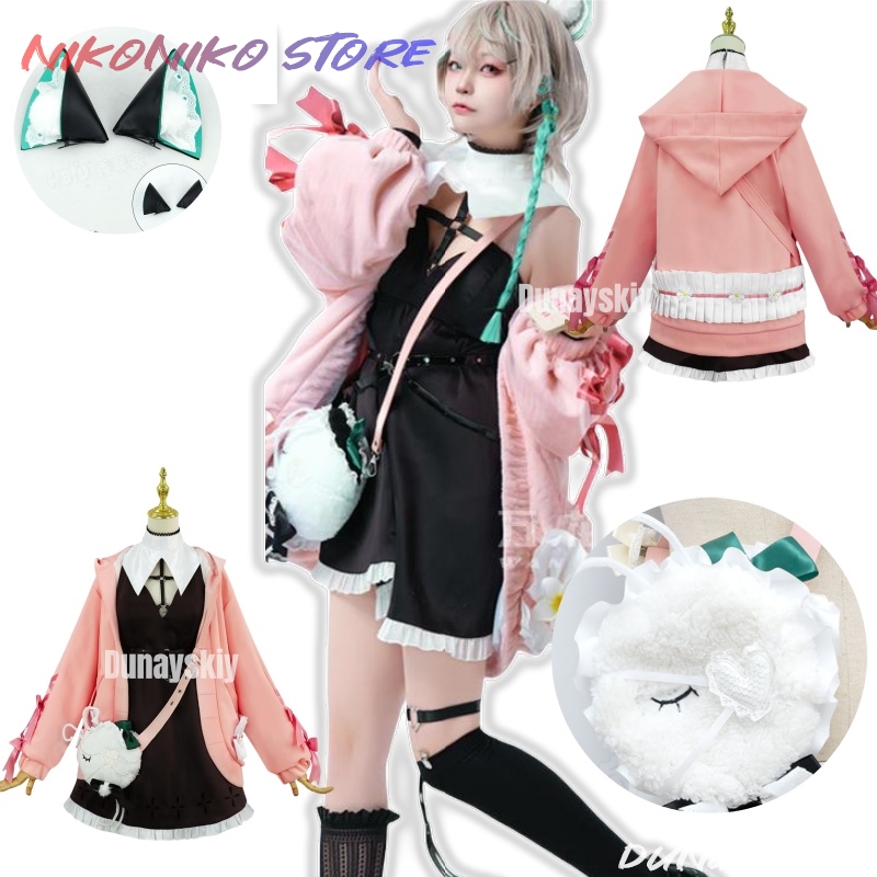 Kostum Cosplay Virtual Youtuber Allie Vtuber Nijisanji Aza Gaun Mantel Merah Muda Adik Muda Tas Bahu Setelan Karnaval Seksi Wanita