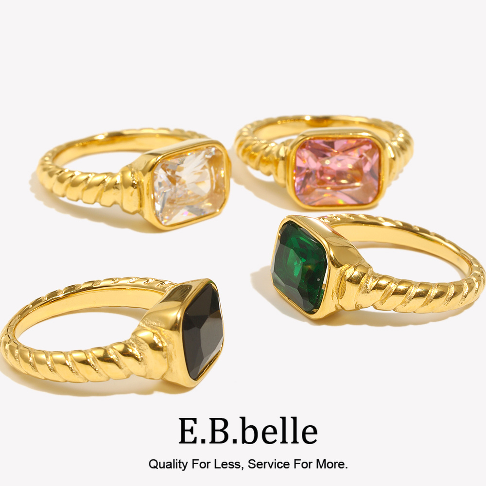 E.B.belle Kerst Sieraden Luxe Textuur Gegraveerde Kant Rechthoek 3A Zirkoon Steen Ringen Voor Vrouwen Rvs Gouden Edelsteen Ring
