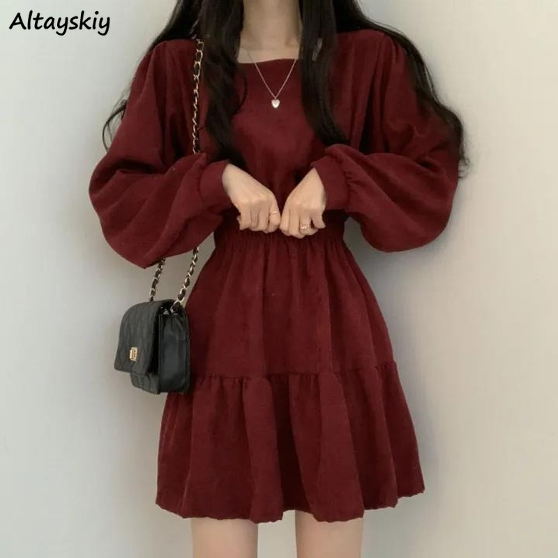 Frauen Langarm Kleider Einfarbig Quadrat Kragen A-linie Süße Vintage Design Hohe Taille Mini Länge Weiche Chic Koreanische Elegante