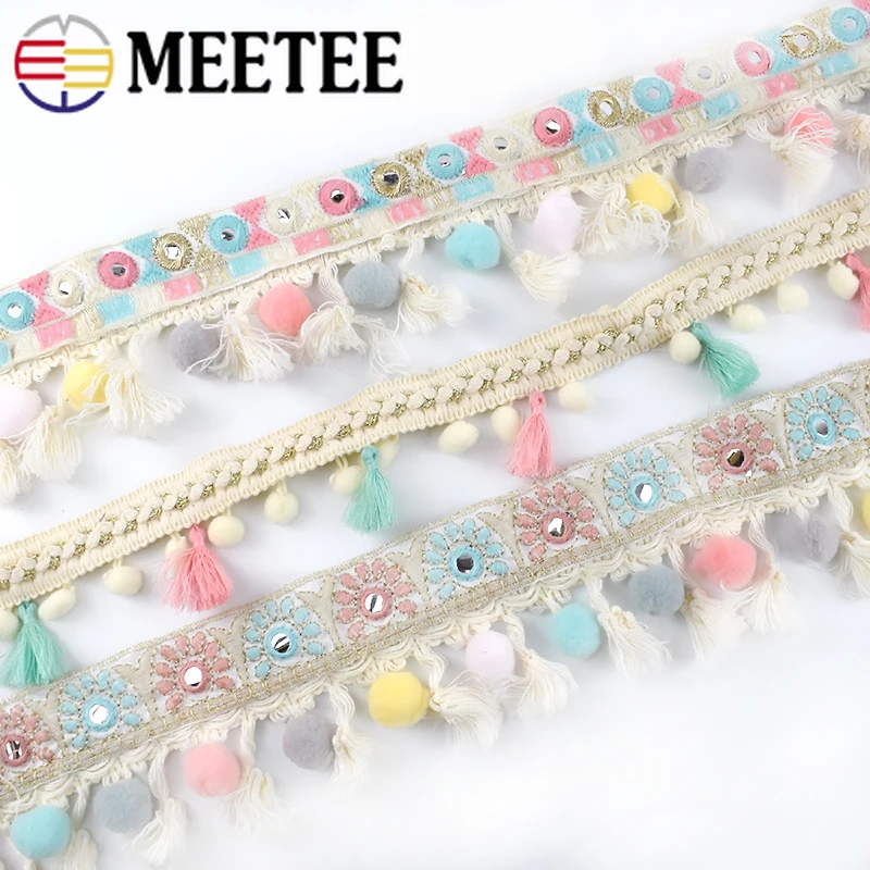 Meetee-Pompon Boule Garniture, Tissu Dentelle, Coton, Ruban Perlé Triblockchain, Artisanat DIY, Décoration Maison, Accessoires de Couture, 1 m, 2m
