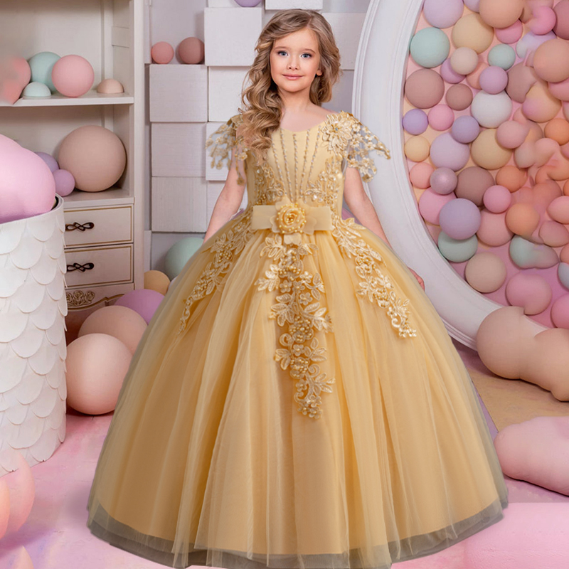 Girls' embroidered princess dress 4-12 years old lace sleeveless mesh cake dress high-end performance dress for banquet hosts
