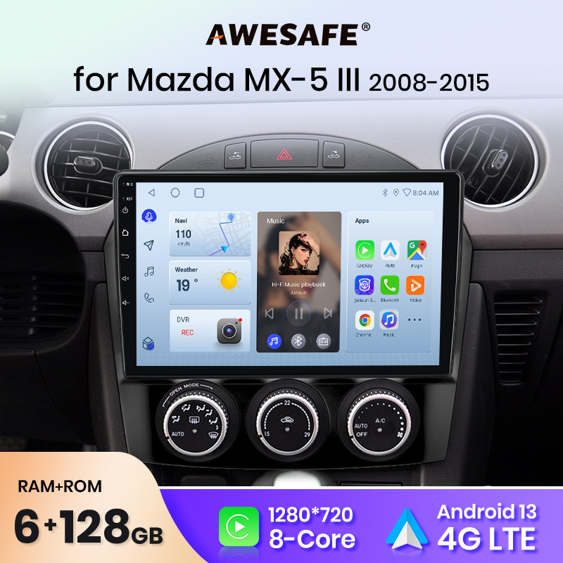 AWESAFE-Rádio Auto Android para Mazda MX-5 III 3 NC 2008-2015, Carplay, carro multimídia, GPS, voz AI, 2 Din, PX9