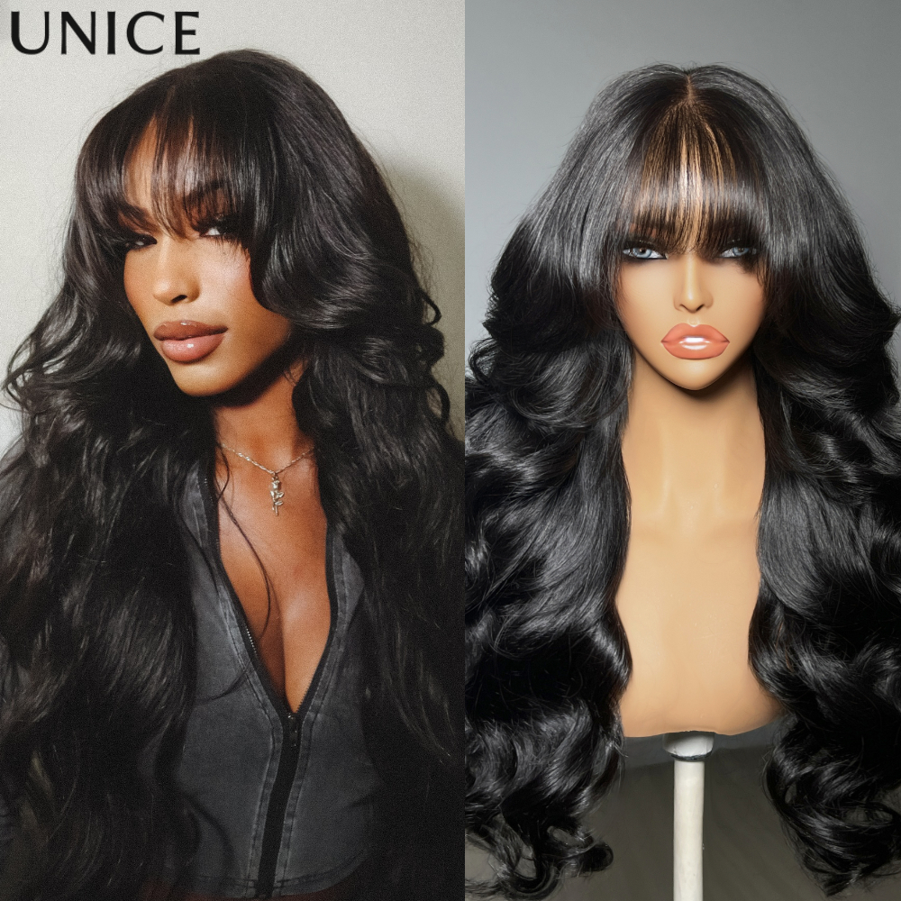 Pré-tudo UNice 13x4 ™ Renda frontal puxar e ir preto fofo natural onda solta cortina franja peruca com fita de orelha livre