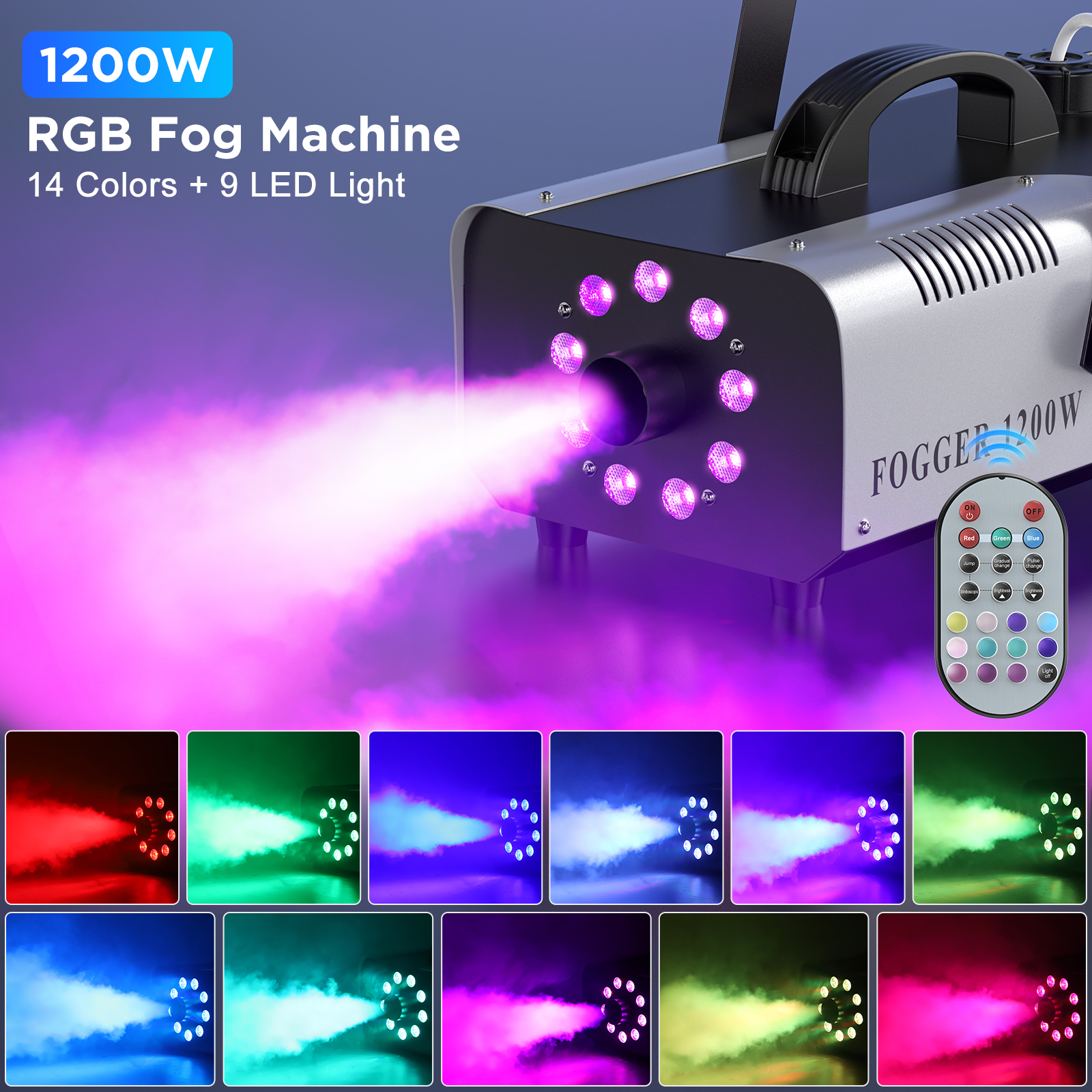 Maszyna do dymu U'King 1200W z 9 diodami LED RGB, kolorowy wytwornik mgły, efekt sceniczny, rozpylacz dymu na Boże Narodzenie, Halloween, pokazy DJ, maszyna do dymu.