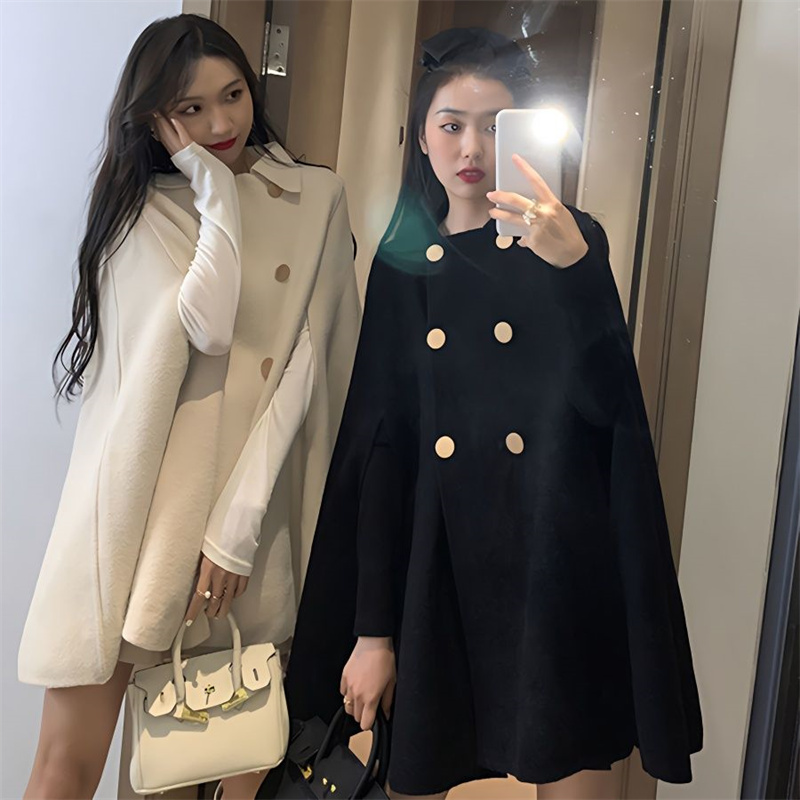 女性用ダブルブレストウールポンチョコート,ルーズフィットオーバーコート,単色ケープ,ラペル,ファッショナブル,秋冬