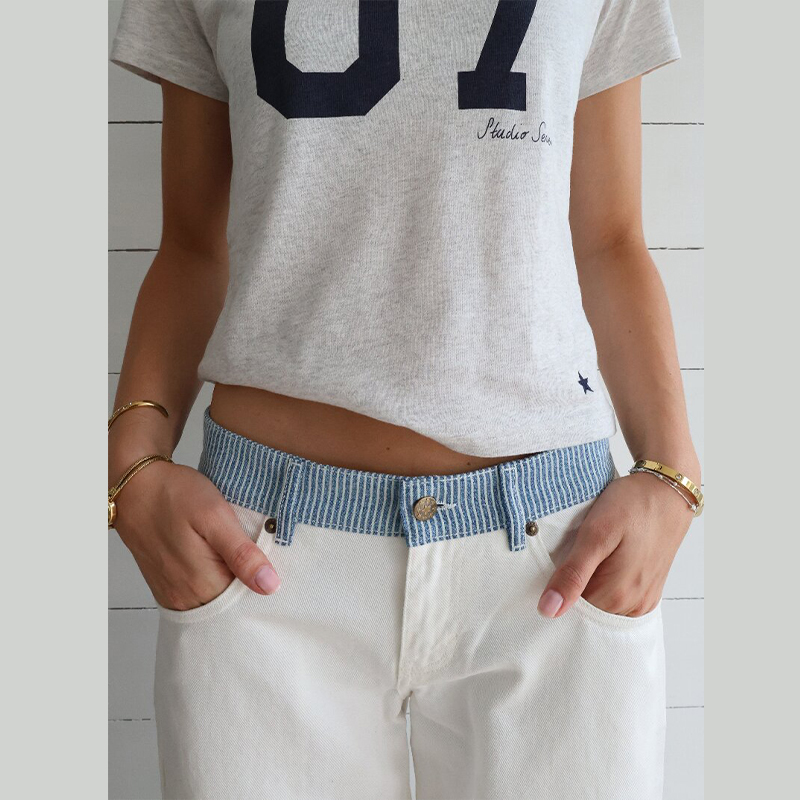 Damen-Jeans mit Kontrastbund, Weiß, Weites Bein, Tiefsitzende Baggy-Denim-Hose, Locker Sitzende Freizeithose für Damen, Casual- und Bürokleidung
