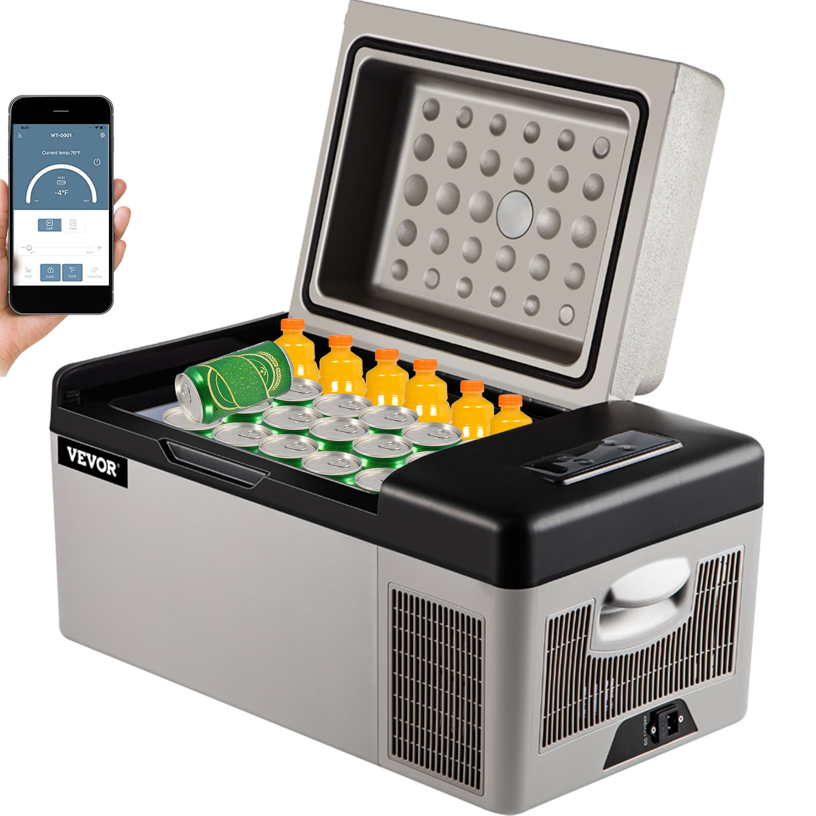 Refrigerador de carro VEVOR 20L, controle de aplicativo de geladeira portátil de 12V (4 ℉ ~68 ℉ ), Refrigerador de compressor elétrico com 12/24v DC e 110-240v AC
